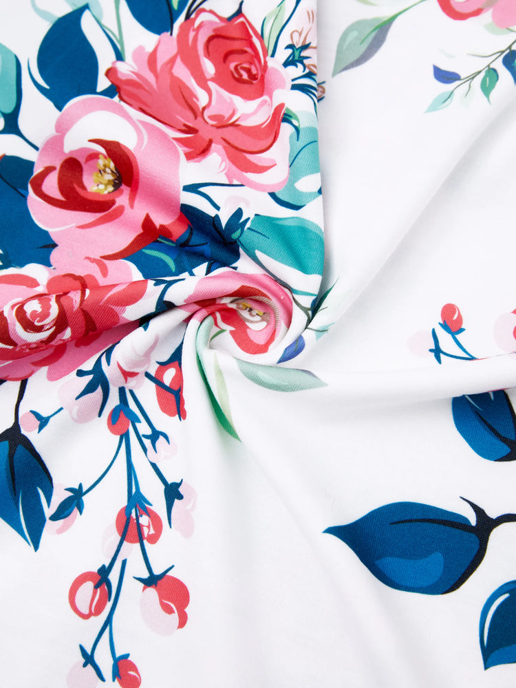 Family Matching Solid V Neck Flutter-sleeve Splicing Floral Print Dresses and Short-sleeve Colorblock T-shirts Sets Azure-