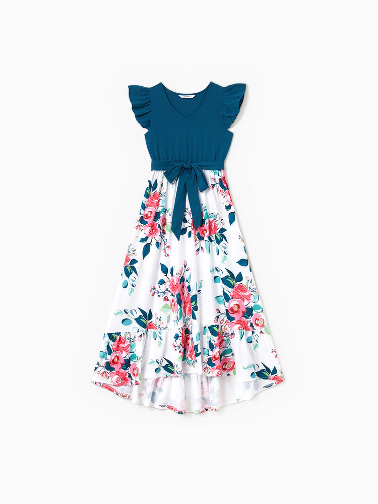 Family Matching Solid V Neck Flutter-sleeve Splicing Floral Print Dresses and Short-sleeve Colorblock T-shirts Sets Azure-