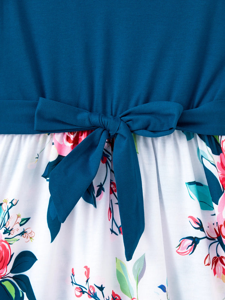 Family Matching Solid V Neck Flutter-sleeve Splicing Floral Print Dresses and Short-sleeve Colorblock T-shirts Sets Azure-