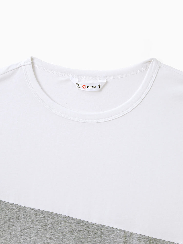 Family Matching Solid V Neck Flutter-sleeve Splicing Floral Print Dresses and Short-sleeve Colorblock T-shirts Sets Azure-