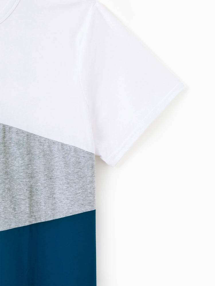 Family Matching Solid V Neck Flutter-sleeve Splicing Floral Print Dresses and Short-sleeve Colorblock T-shirts Sets Azure-