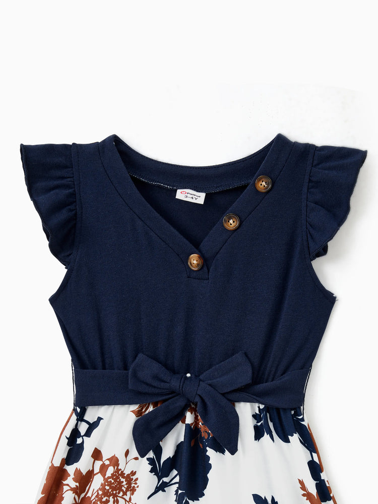 Robe ou t-shirt décontracté assorti pour toute la famille, couleur unie, coutures en tissu bleu roi