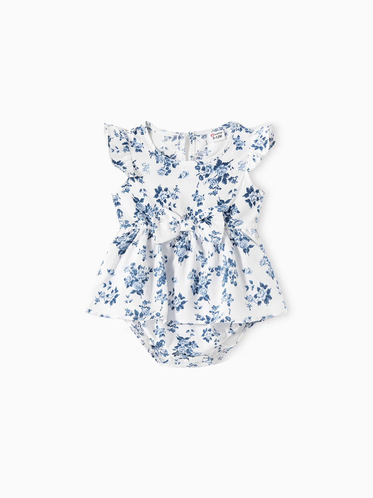 Family Matching Outfit: Floral Smocking Casual Suit BLUEWHITE