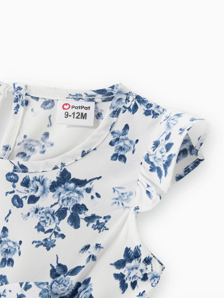 Family Matching Outfit: Floral Smocking Casual Suit BLUEWHITE