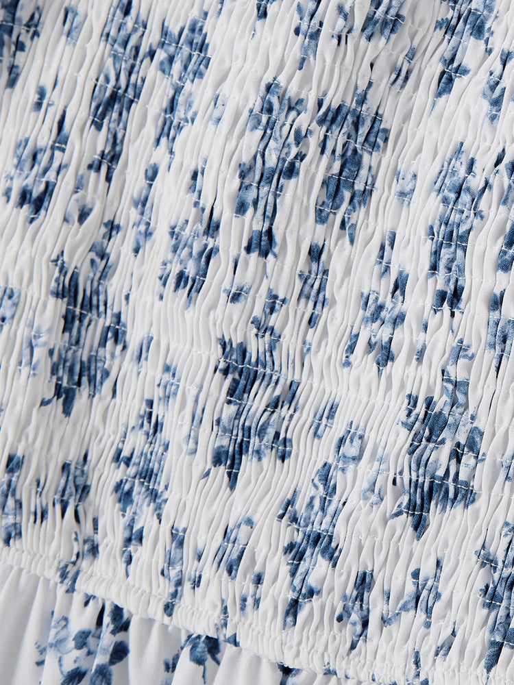 Family Matching Outfit: Floral Smocking Casual Suit BLUEWHITE