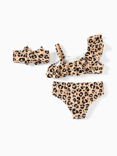 3Pcs Toddler Girl Leopard Print Ruffled Two-piece Swimsuit Set Colorful