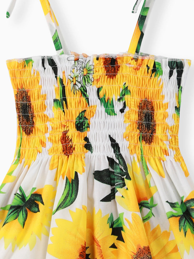 Toddler Girl 100% Cotton Sweet Sunflower Print Smocked Slip Dress White