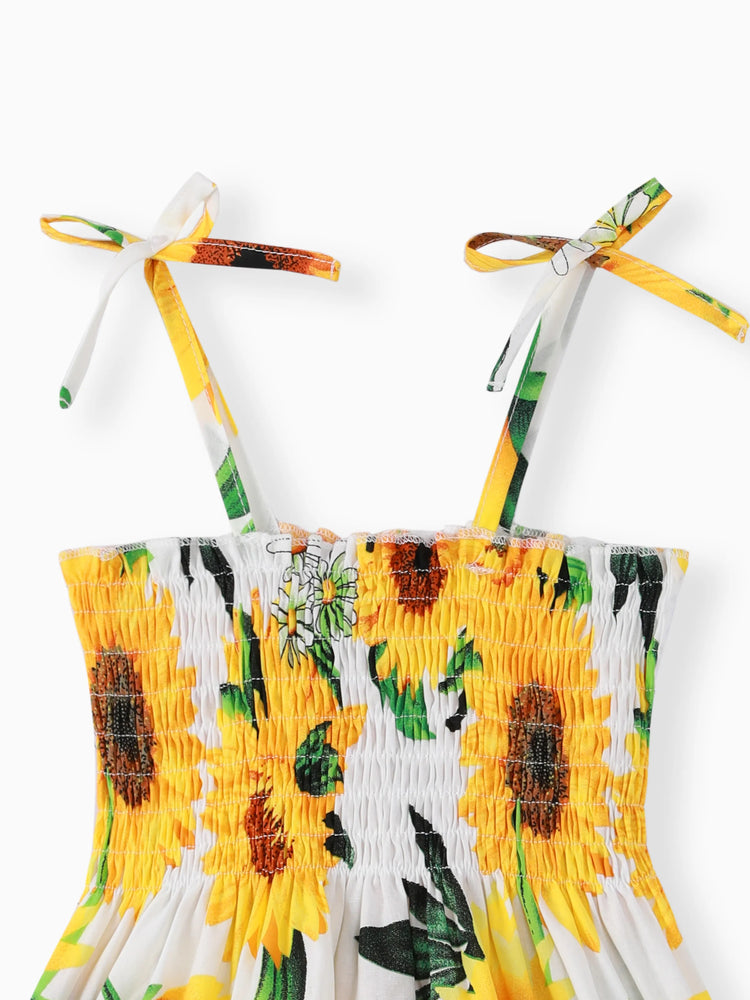 Toddler Girl 100% Cotton Sweet Sunflower Print Smocked Slip Dress White