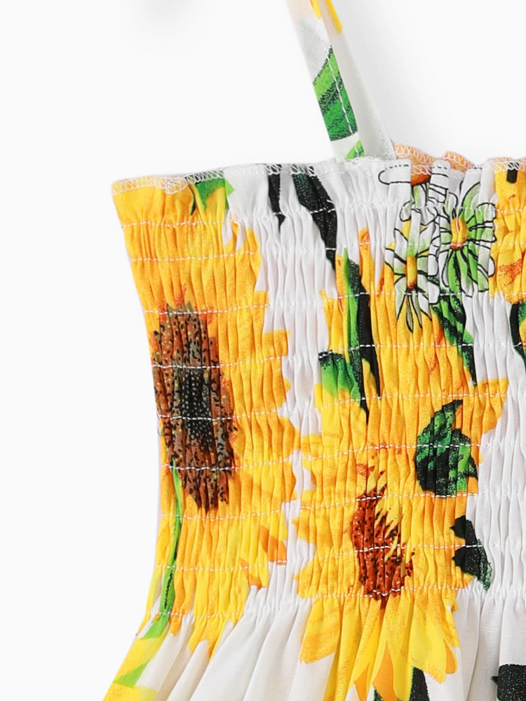 Toddler Girl 100% Cotton Sweet Sunflower Print Smocked Slip Dress White