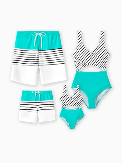 Family Matching Striped Spliced Cut Out One-piece Swimsuit and Colorblock Swim Trunks Green/White
