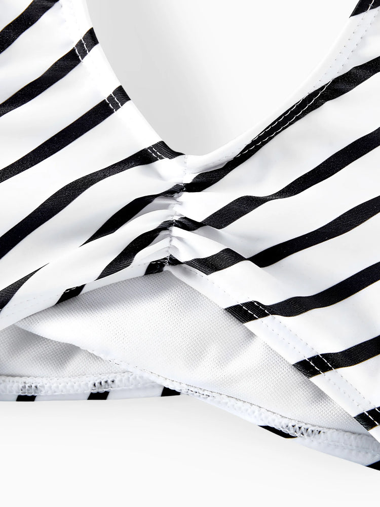 Family Matching Striped Spliced Cut Out One-piece Swimsuit and Colorblock Swim Trunks Green/White