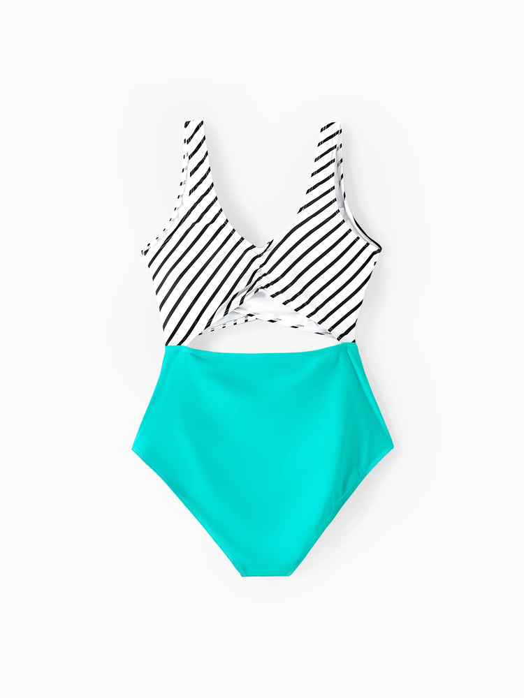 Family Matching Striped Spliced Cut Out One-piece Swimsuit and Colorblock Swim Trunks Green/White