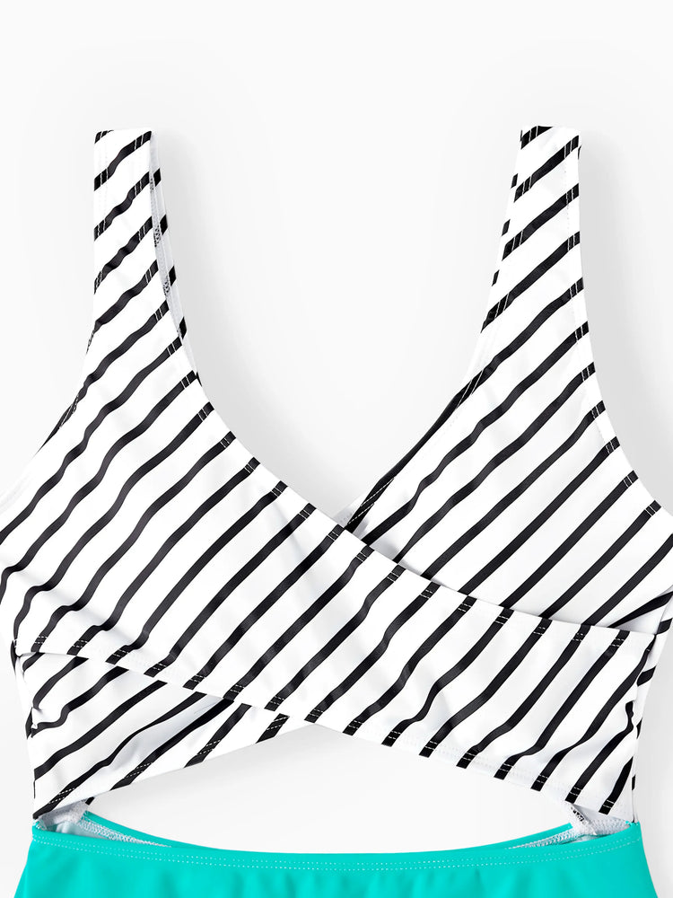 Family Matching Striped Spliced Cut Out One-piece Swimsuit and Colorblock Swim Trunks Green/White