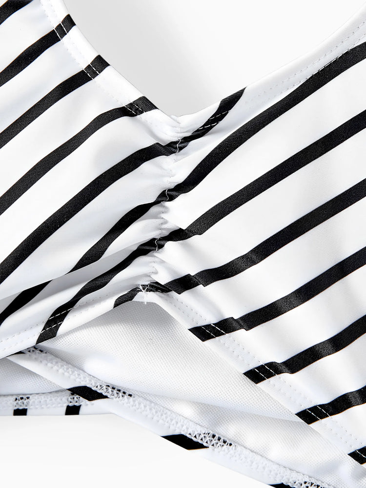 Family Matching Striped Spliced Cut Out One-piece Swimsuit and Colorblock Swim Trunks Green/White