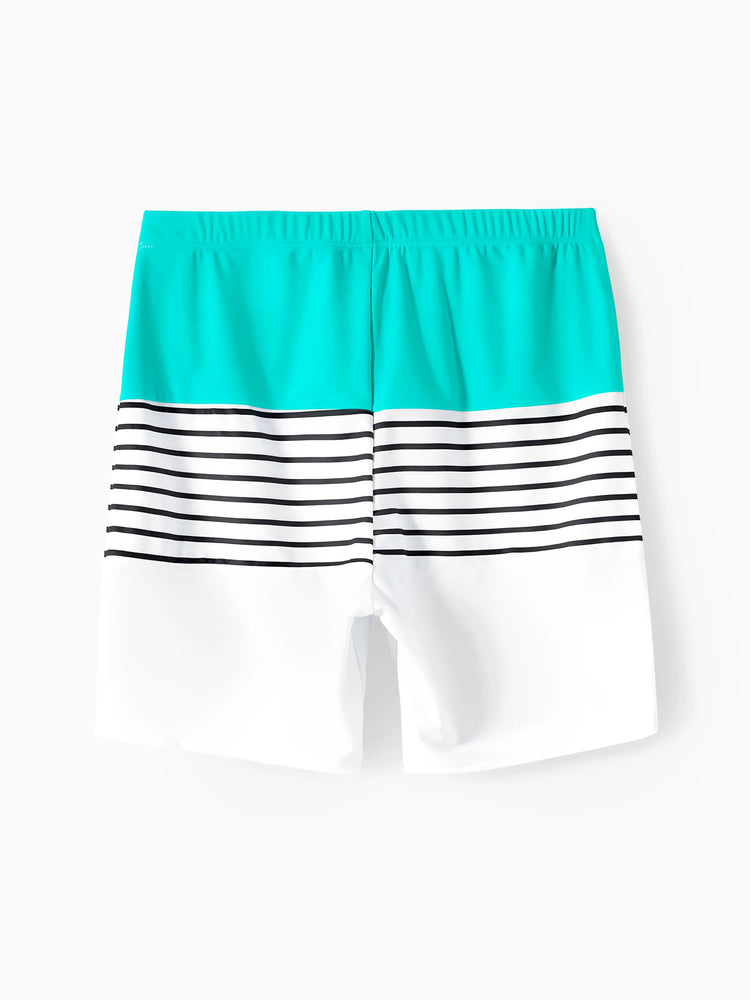 Family Matching Striped Spliced Cut Out One-piece Swimsuit and Colorblock Swim Trunks Green/White