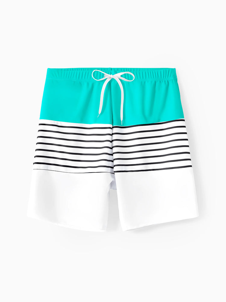 Family Matching Striped Spliced Cut Out One-piece Swimsuit and Colorblock Swim Trunks Green/White