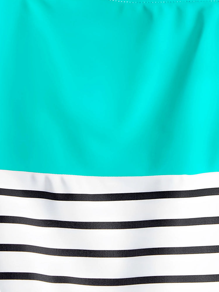 Family Matching Striped Spliced Cut Out One-piece Swimsuit and Colorblock Swim Trunks Green/White