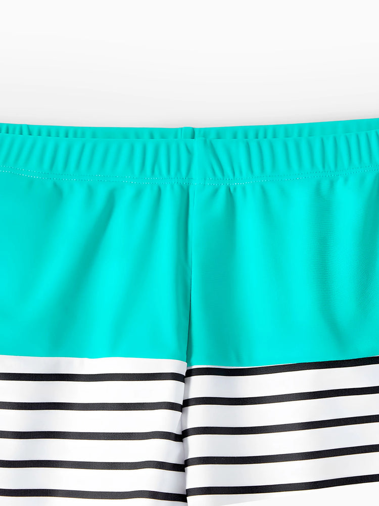 Family Matching Striped Spliced Cut Out One-piece Swimsuit and Colorblock Swim Trunks Green/White