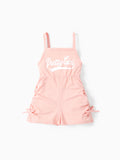 Barboteuse camisole côtelée froncée avec cordon de serrage et imprimé lettre pour petite fille, rose