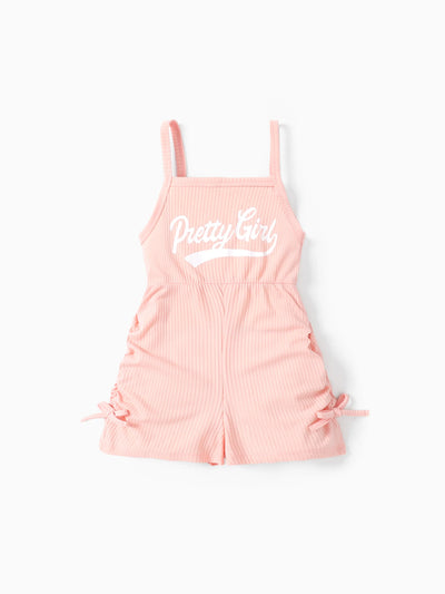 Toddler Girl Letter Print Drawstring Ruched Side Ribbed Cami Romper Pink
