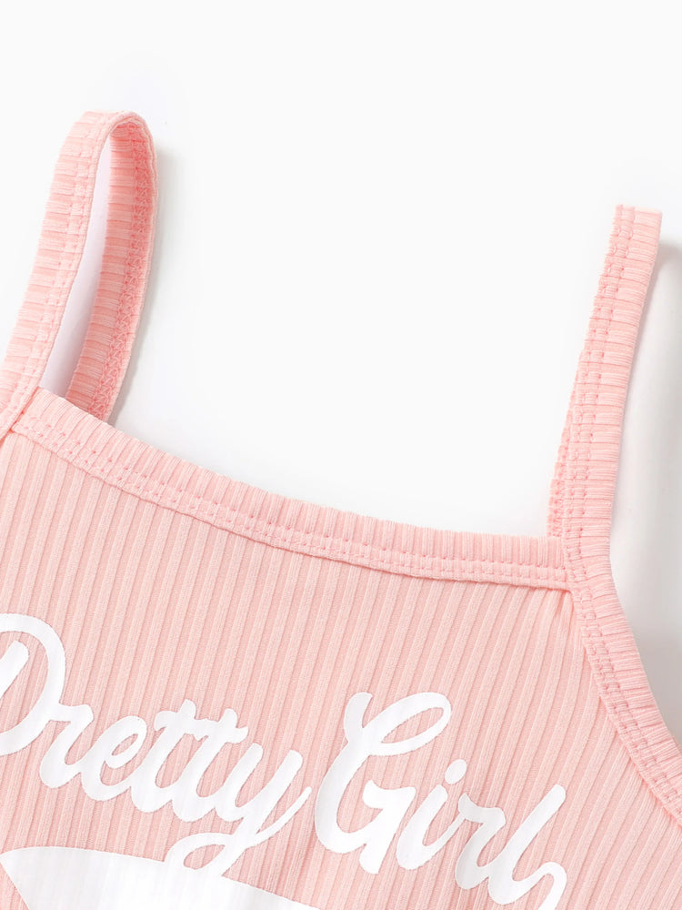 Barboteuse camisole côtelée froncée avec cordon de serrage et imprimé lettre pour petite fille, rose