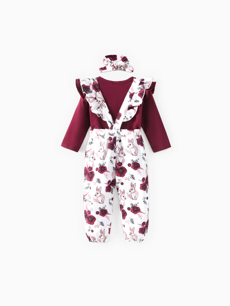 Ensemble 3 pièces pour bébé fille : barboteuse unie et salopette à volants à imprimé floral avec bandeau, bordeaux