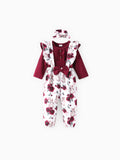Ensemble 3 pièces pour bébé fille : barboteuse unie et salopette à volants à imprimé floral avec bandeau, bordeaux
