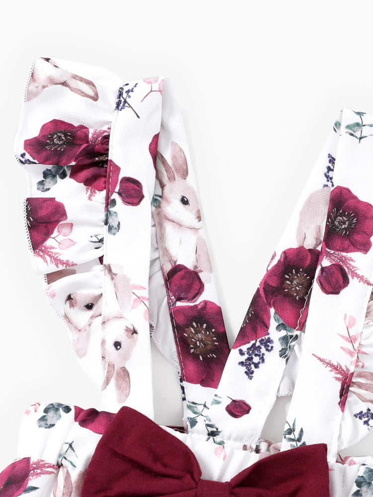Ensemble 3 pièces pour bébé fille : barboteuse unie et salopette à volants à imprimé floral avec bandeau, bordeaux