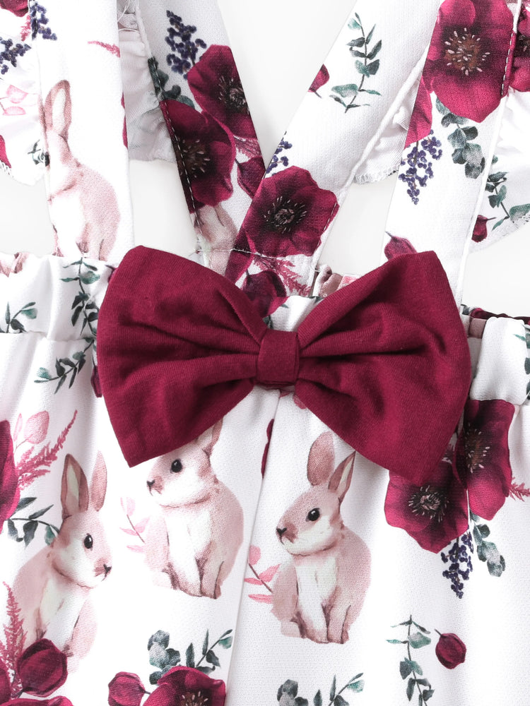 Ensemble 3 pièces pour bébé fille : barboteuse unie et salopette à volants à imprimé floral avec bandeau, bordeaux