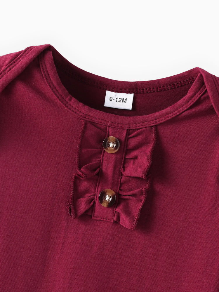 Ensemble 3 pièces pour bébé fille : barboteuse unie et salopette à volants à imprimé floral avec bandeau, bordeaux