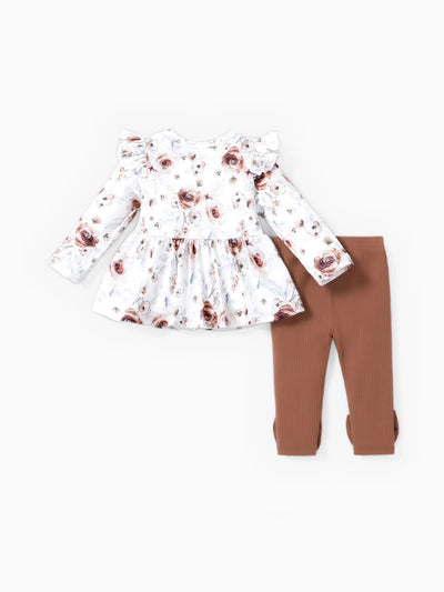 Baby Girl Clothes 2PCS Sweet Big Flower Flutter Sleeve Set
 Brown