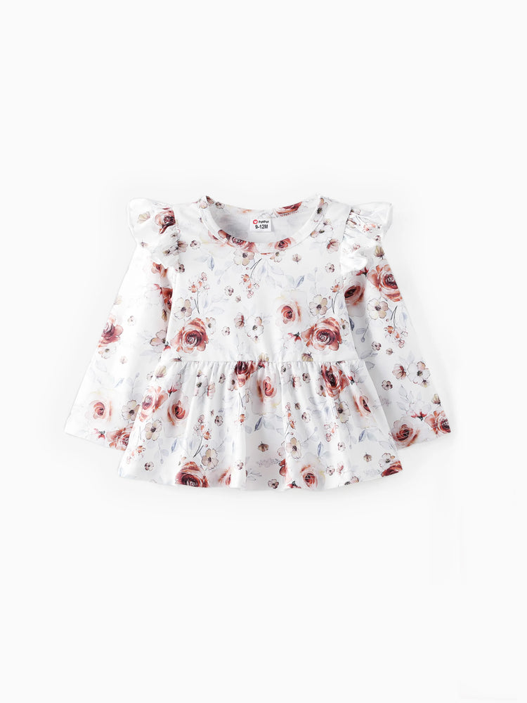 Ensemble 2 pièces pour bébé fille, joli ensemble à manches flottantes et grandes fleurs
 Brun