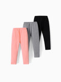 Lot de 3 leggings élastiques 100 % coton pour petite fille, couleur unie, multicolores