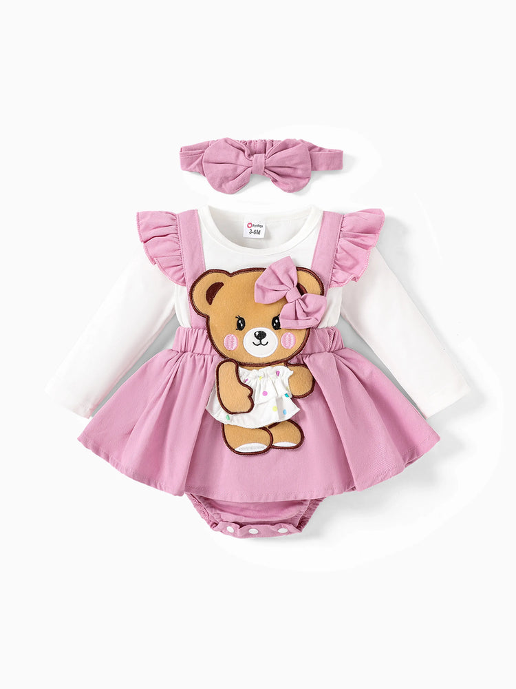 Baby Girl Clothes Bear Style Embroidered Romper with Headband Pink