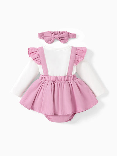 Baby Girl Clothes Bear Style Embroidered Romper with Headband Pink