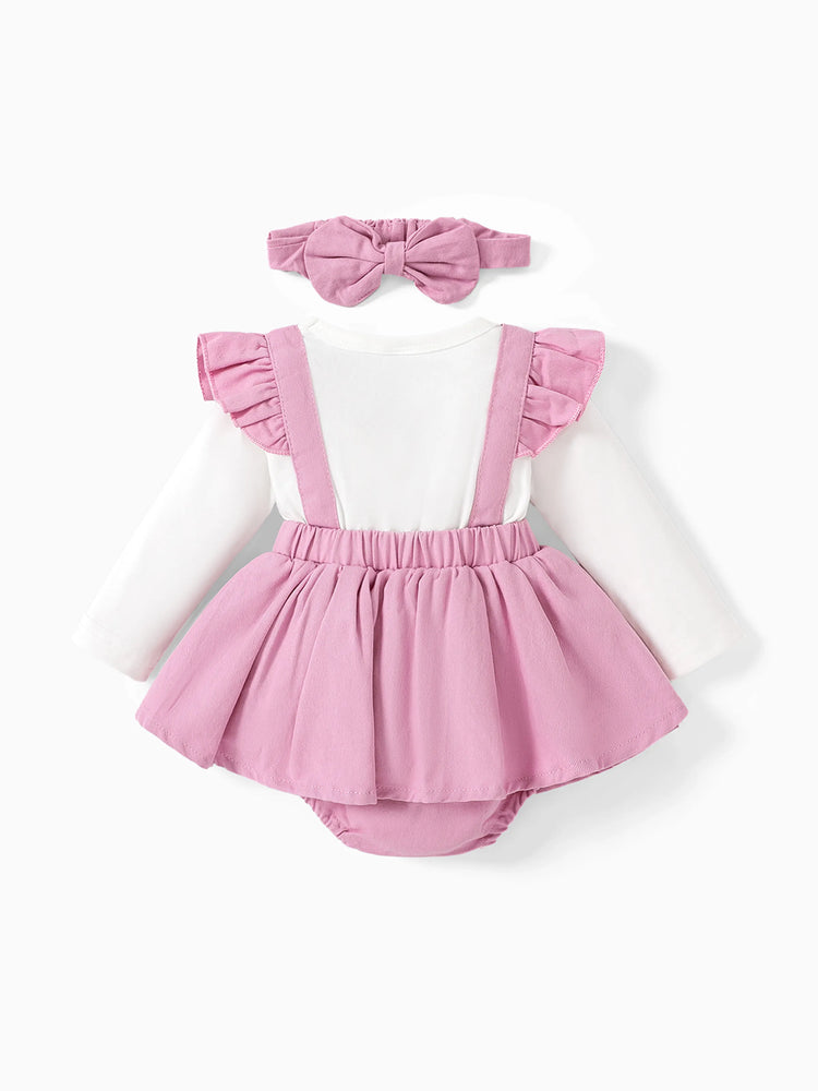 Baby Girl Clothes Bear Style Embroidered Romper with Headband Pink