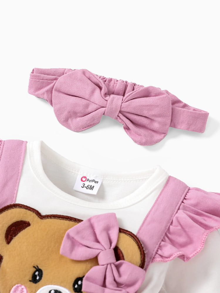 Baby Girl Clothes Bear Style Embroidered Romper with Headband Pink