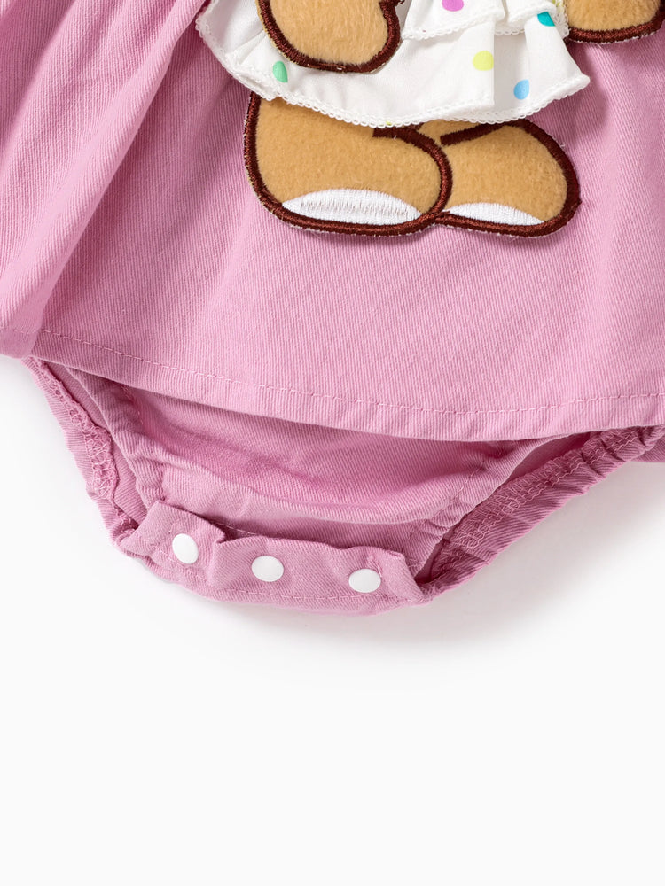 Baby Girl Clothes Bear Style Embroidered Romper with Headband Pink