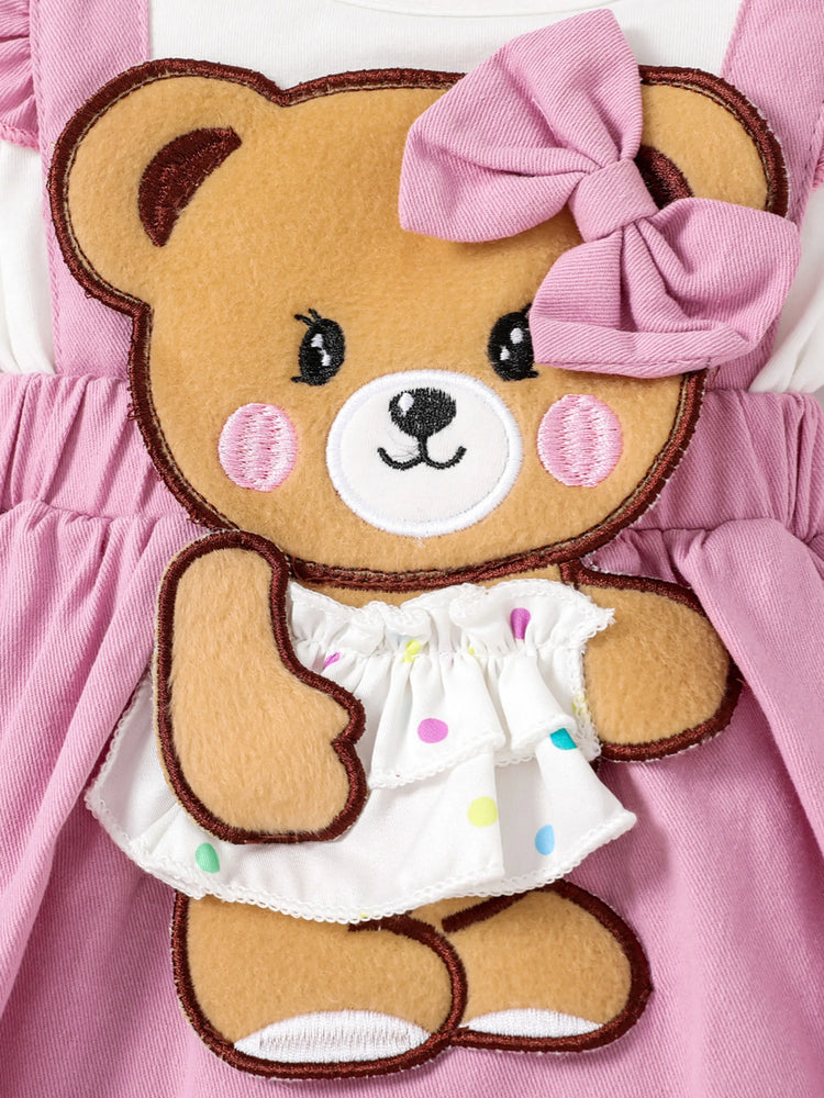 Baby Girl Clothes Bear Style Embroidered Romper with Headband Pink