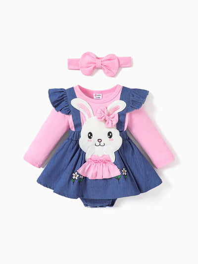 Baby Girls Clothes Bear Style Embroidered Romper with Headband Blue