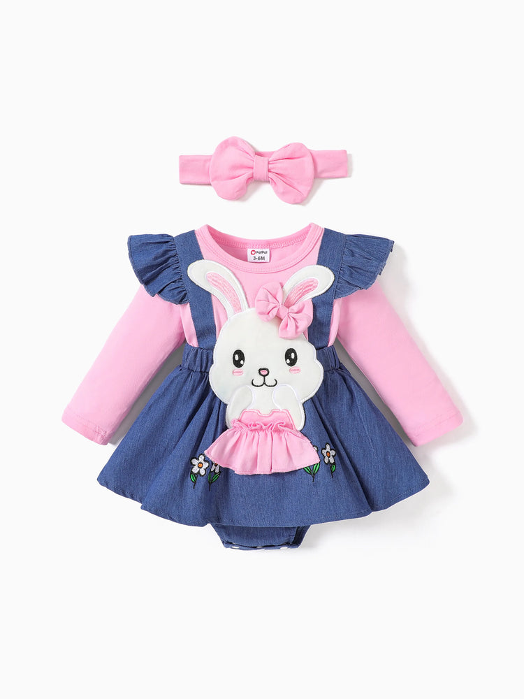 Baby Girls Clothes Bear Style Embroidered Romper with Headband Blue