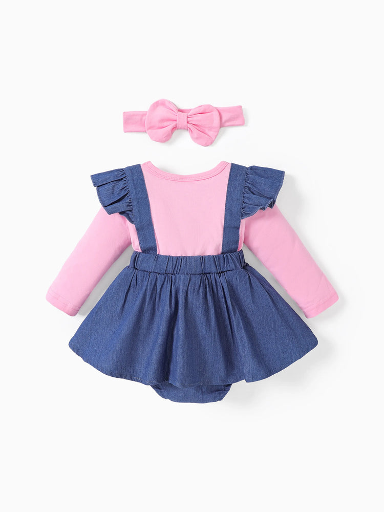 Baby Girls Clothes Bear Style Embroidered Romper with Headband Blue