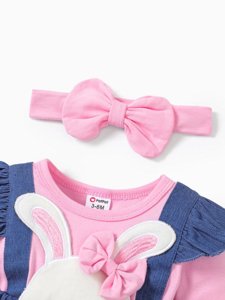 Baby Girls Clothes Bear Style Embroidered Romper with Headband Blue