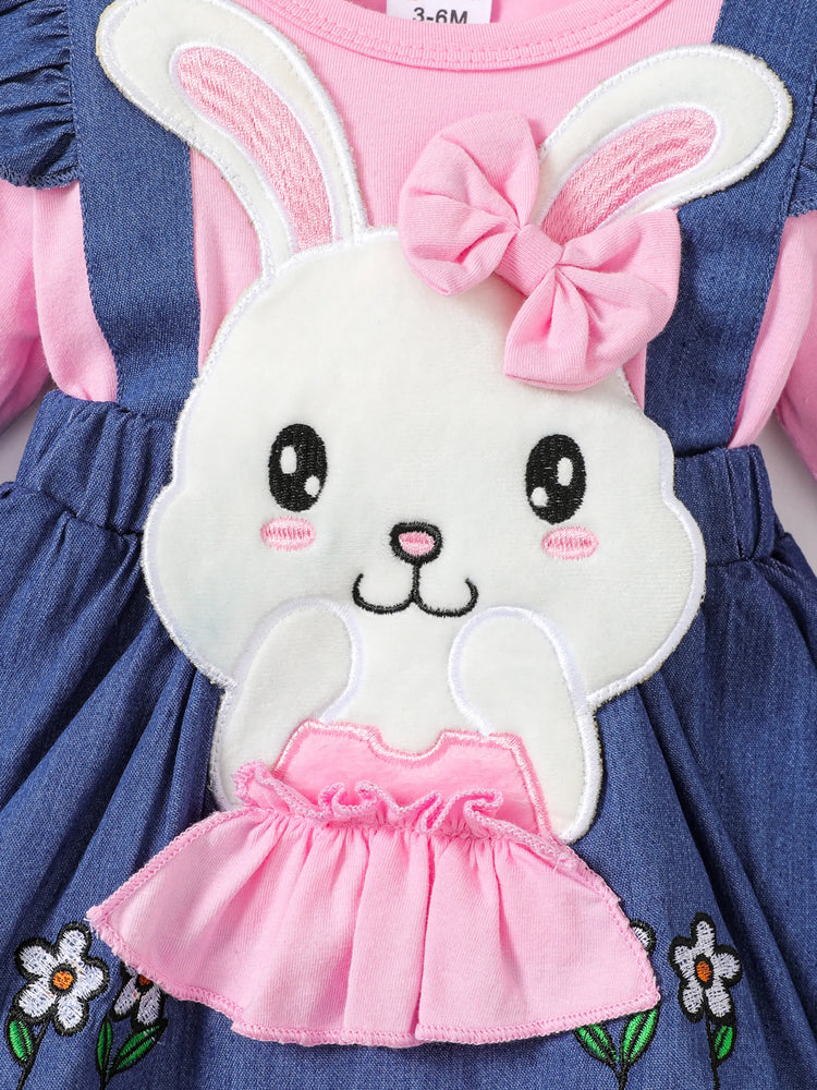 Baby Girls Clothes Bear Style Embroidered Romper with Headband Blue