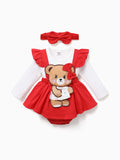 Baby Girl Clothes Bear Style Embroidered Romper with Headband Red