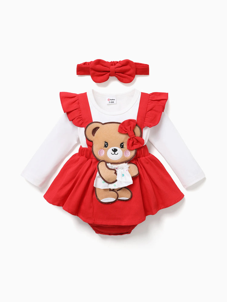 Baby Girl Clothes Bear Style Embroidered Romper with Headband Red