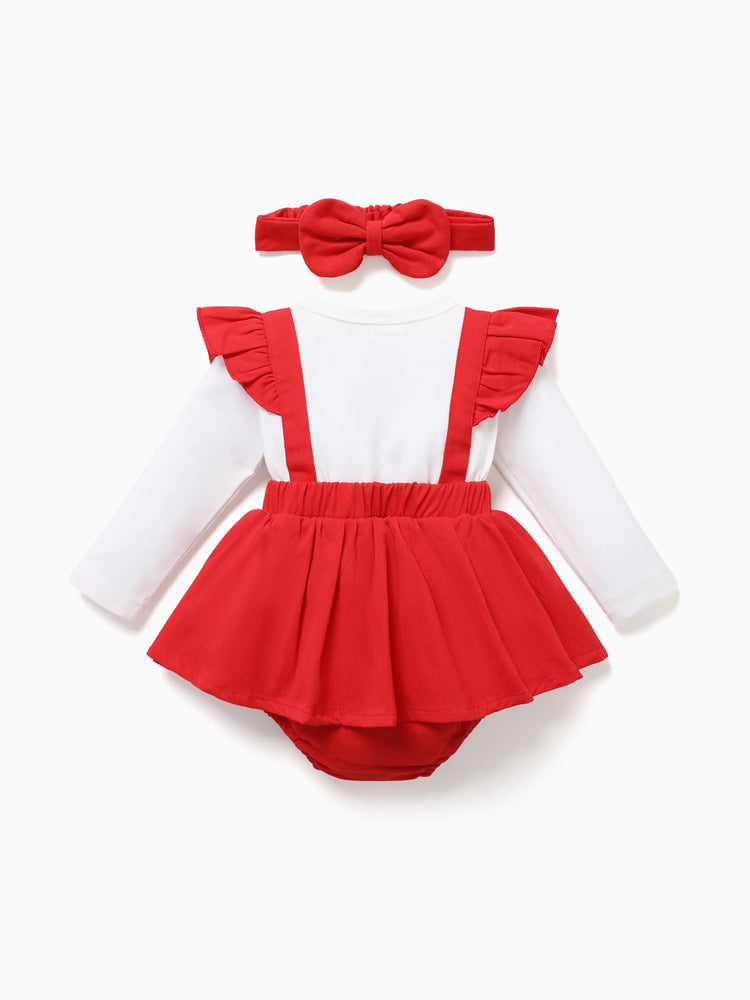 Baby Girl Clothes Bear Style Embroidered Romper with Headband Red