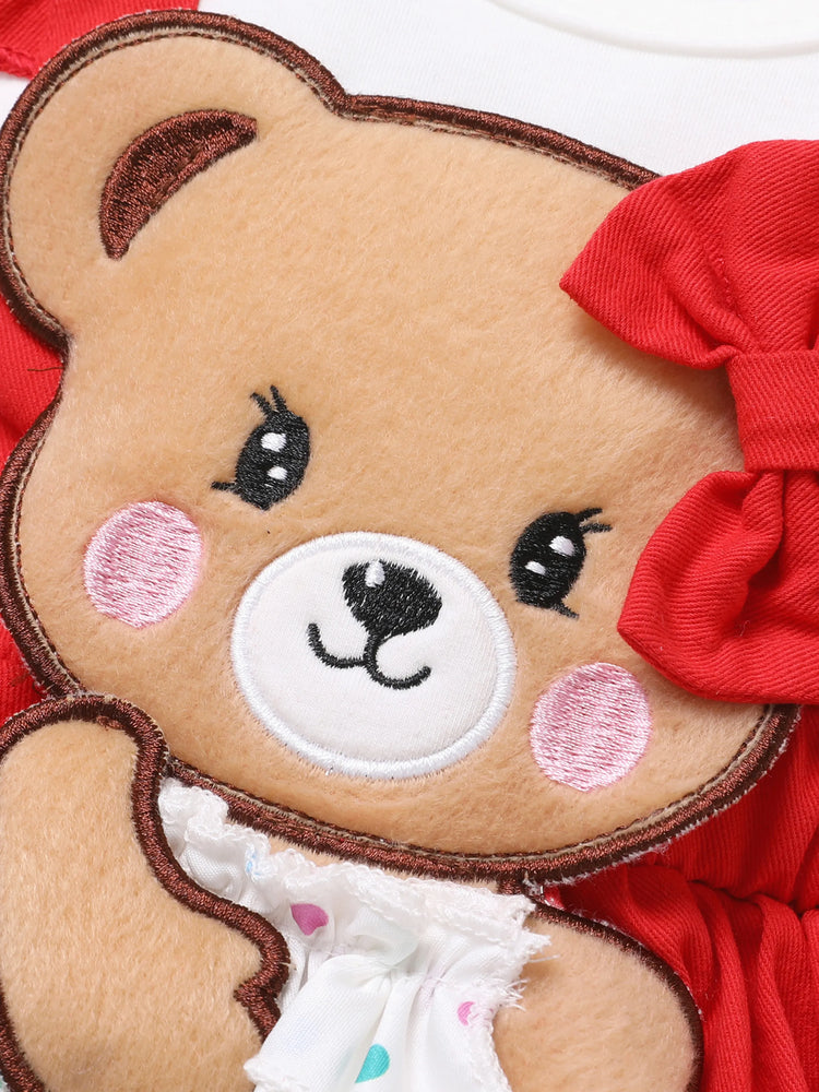 Baby Girl Clothes Bear Style Embroidered Romper with Headband Red