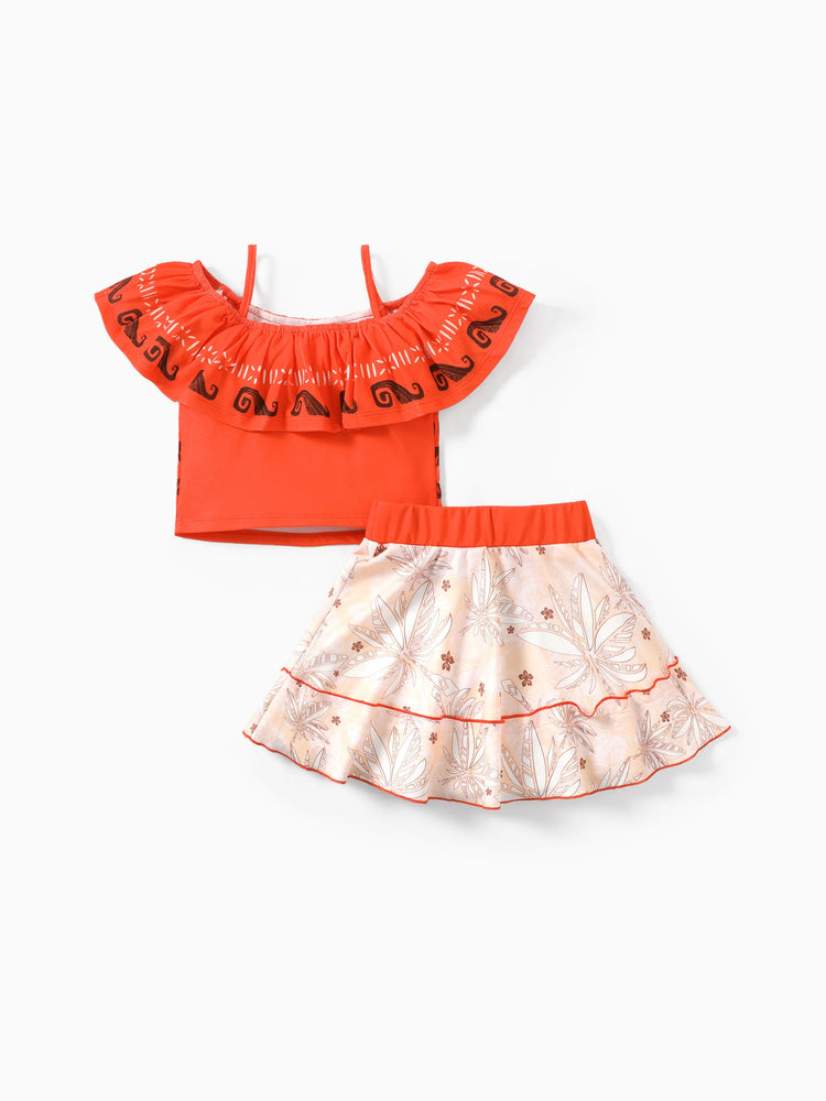 Conjunto de 2 piezas de top y falda con volantes de hojas de palmera de la princesa Disney Moana para niña pequeña/niña naranja y rojo