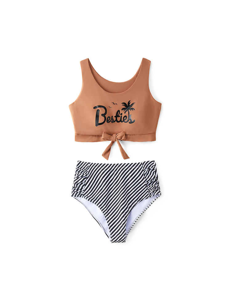 Bikini de tirantes con estampado de rayas verticales y cordón ajustable para toda la familia, color caqui